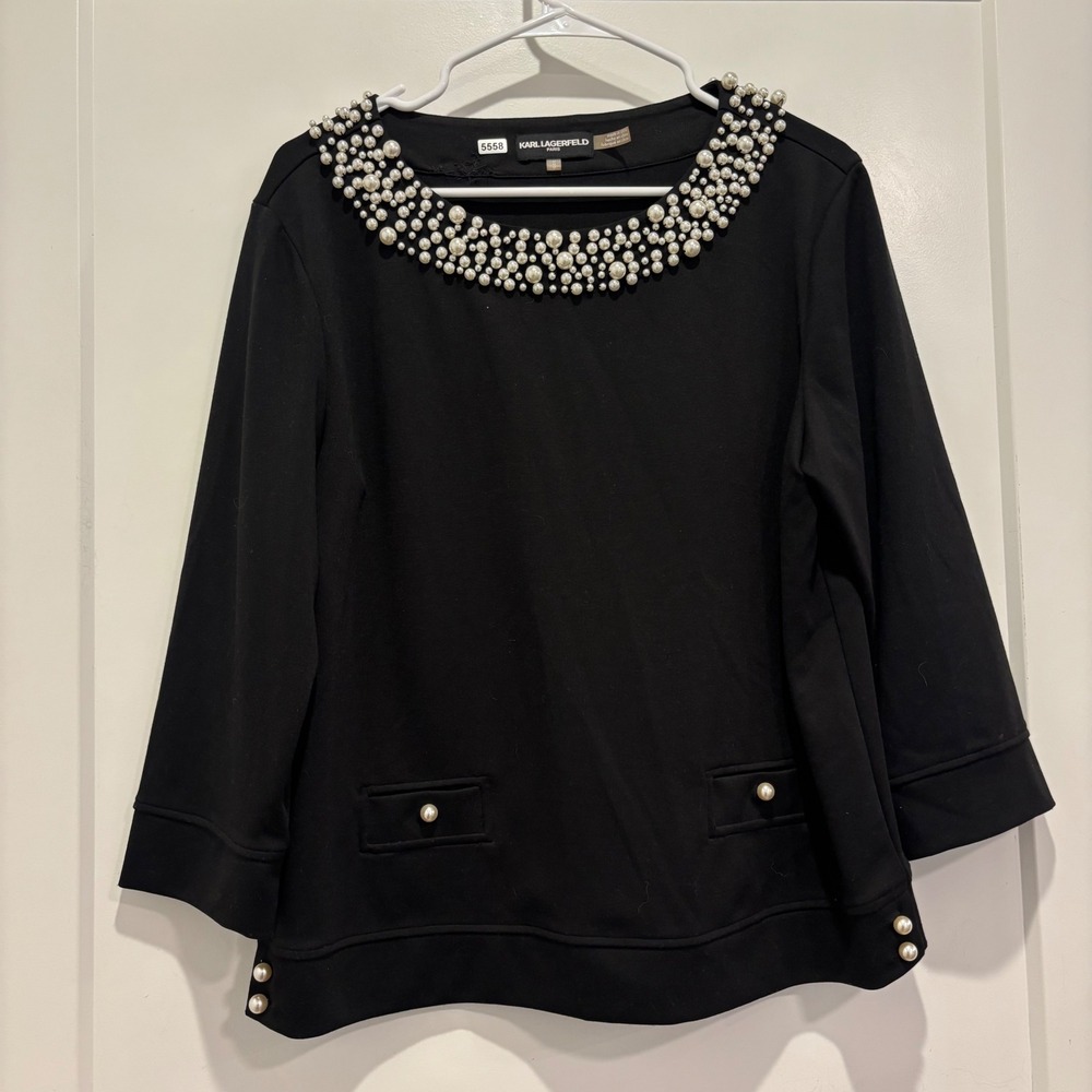 Karl Lagerfeld Paris Womens Black Pearl Embellished Neckline Top Size M